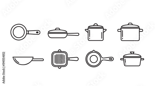 Collection of Outline Cooking Pots and Pans Kitchenware Icons Cooking Utensils Simple Line Drawings