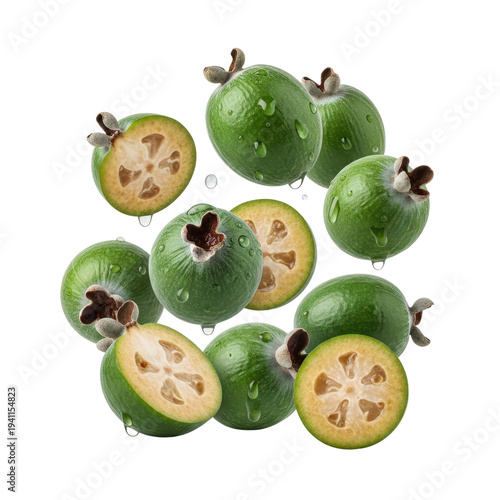 Fresh feijoa fruits with water droplets