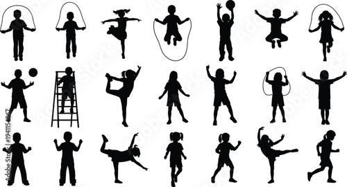 Large collection of children silhouettes including boys and girls playing soccer basketball skateboarding ballet dancing and various athletic activities for youth sports graphics
