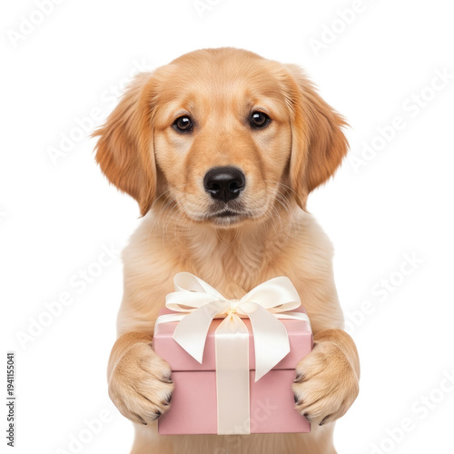 Adorable golden retriever puppy holding a pink gift box with a white bow isolated on a transparent background