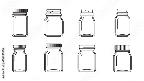 Collection of Outline Jars Various Sizes and Cap Types, Minimalist Stock Illustration