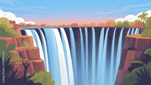 Large waterfall cascading down rocky cliffside surrounded by lush greenery and trees under blue sky with white clouds at sunset