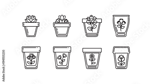 Collection of Outline Potted Plants Icons Simple Line Art Flowers in Pots