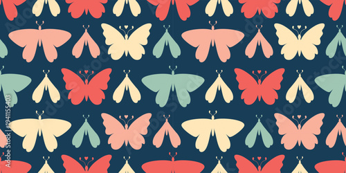 Wide bright seamless background with naive butterfly shapes. Simple decorative wallpaper pattern. Modern and playful aesthetic.