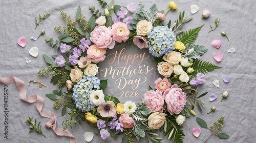 A beautiful floral wreath with pastel flowers and a Happy Mother's Day message