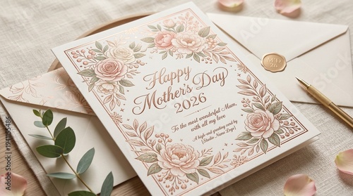 A beautifully designed Happy Mother's Day card with flowers and envelope on a table