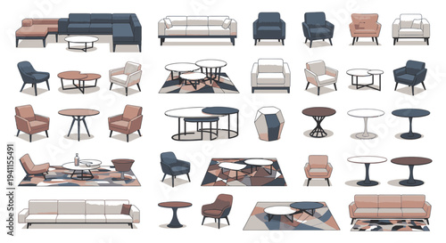 contemporary interior design elements vector collection showcasing diverse sofas armchairs and coffee tables.