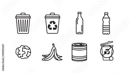 Collection of Recycling and Trash Icons: Bins Bottles Can Banana Peel Paper Ball