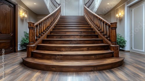A stunning wooden staircase with beautifully crafted handrails leads upwards in a grand home, illuminated by warm light from ornate fixtures, enhancing the architectural elegance.