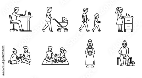 people performing diverse daily activities encompassing work family care domestic chores and leisure moments at home.