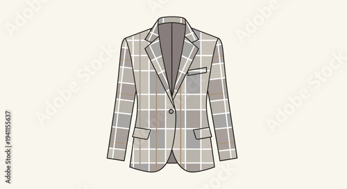 Fashionable plaid blazer in muted, neutral tones, featuring a single-button closure and classic lapels, perfect for smart-casual wear.