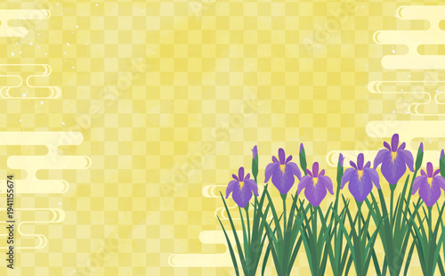 菖蒲と金の和柄背景3_横