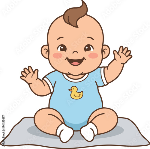 Cute flat vector illustration of a happy baby sitting on a mat with raised hands, wearing a blue onesie with a small duck design in a playful cartoon style.