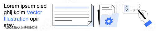 Business processes, digital signatures, workflow automation, online forms, document organization, productivity tools. Papers, gear icon hand signing. Digital signatures and workflow automation