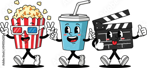 Cartoon illustration of popcorn bucket with 3D glasses, soft drink cup with straw, and clapperboard characters smiling, walking together, celebrating fun cinema entertainment experience