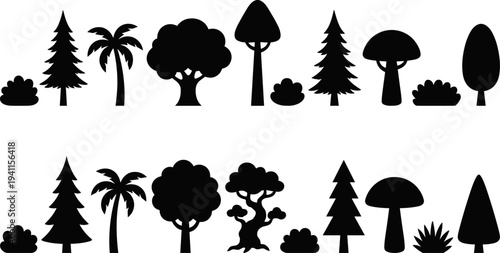 Collection of tree and bush silhouettes including pine, palm and forest plants, botanical nature vector illustration set