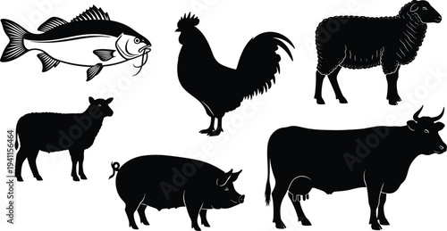 Collection of six black silhouette illustrations featuring farm animals including fish, rooster, sheep, lamb, pig, and cow, perfect for agriculture, education, and livestock design references