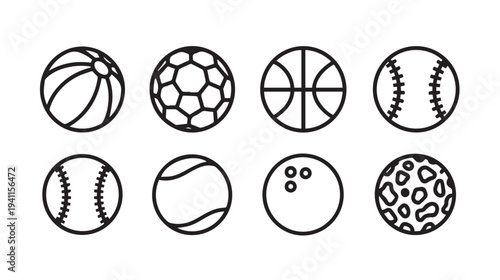 Collection of Sports Balls Icons Line Art Minimalist White Background