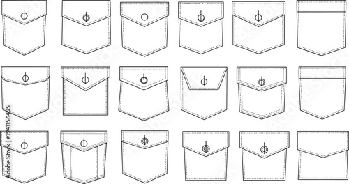 Collection of eighteen pocket design illustrations showcasing diverse stitching styles, flap shapes, button closures, and garment construction details for 