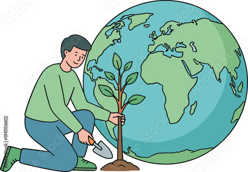 Dedicated individual planting a sapling against the Earth backdrop, symbolizing global environmental conservation, reforestation, and commitment to a sustainable, greener future