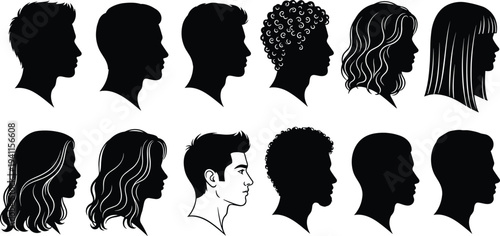 Set of twelve black silhouette profiles of human heads featuring diverse hairstyles, textures, and lengths, ideal for fashion, design, character modeling, and hairstyle references