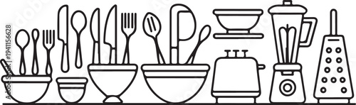 Kitchen utensils and appliances on a countertop