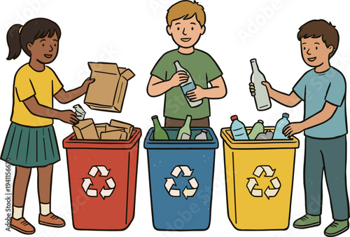 Children learning waste management, sorting recyclables into color-coded bins. Promoting environmental education and sustainable practices for a cleaner planet