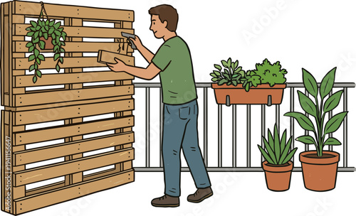 DIY enthusiast building a vertical garden on a small apartment balcony, utilizing upcycled wooden pallets for sustainable urban plant cultivation