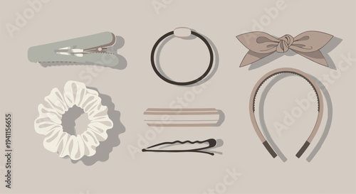 Collection of assorted hair accessories including clips, scrunchies, headbands, and hair ties, essential for various hairstyles and grooming.