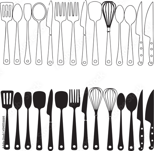Kitchen utensils and cutlery in black and white illustrations
