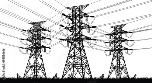 Silhouette illustration of three high‑voltage transmission towers with interconnected power lines on grassy terrain, representing electrical energy 
