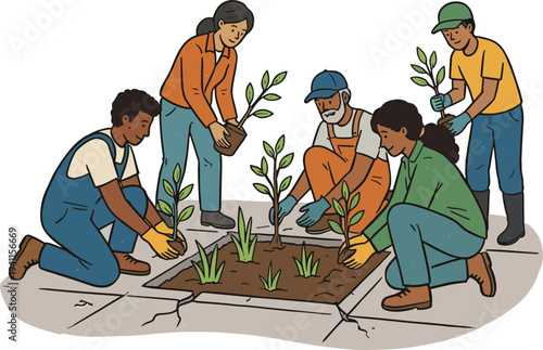 Ilustrasi sekelompok orang yang bergotong royong menanam pohon, menunjukkan kerja sama tim dan kepedulian terhadap lingkungan