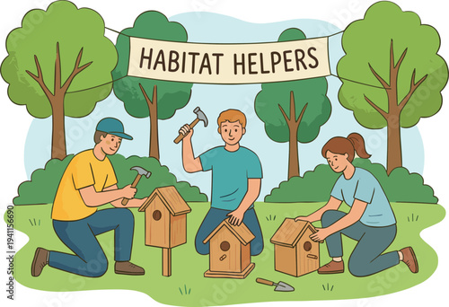 An engaging illustrasi depicting a community group actively building wooden birdhouses to help local wildlife habitats and promote environmental conservation efforts