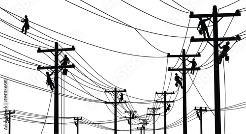 Silhouette illustration of utility workers climbing electrical poles with safety harnesses, maintaining complex power lines infrastructure, teamwork in hazardous conditions, black and white i