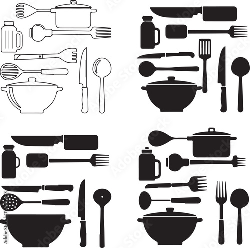 Black and white illustration of kitchen utensils and cookware