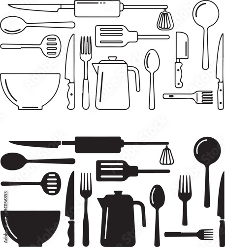 Black and white kitchen utensil icons and silhouettes
