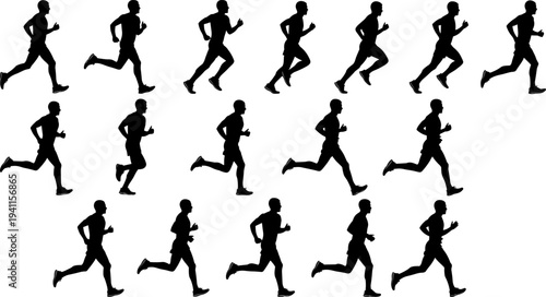 running man silhouette collection, male runner jogging poses set, athletic sport training icons isolated black vector illustration bundlerunning man silhouette 