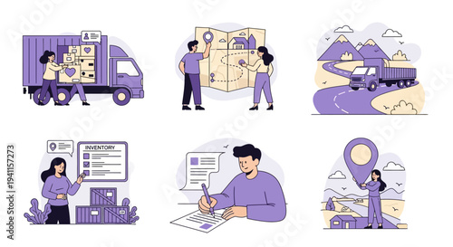 Six illustrations depicting logistics delivery mapping inventory and paperwork