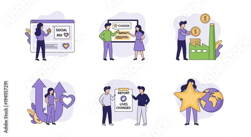 Six illustrations depicting social impact ROI reporting and global recognition