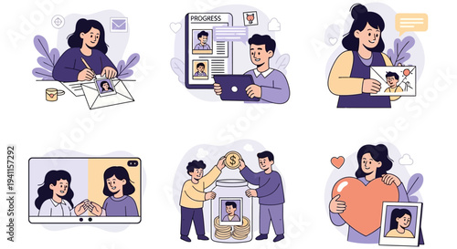 Six illustrations depicting people connecting through letters digital tracking video calls and saving