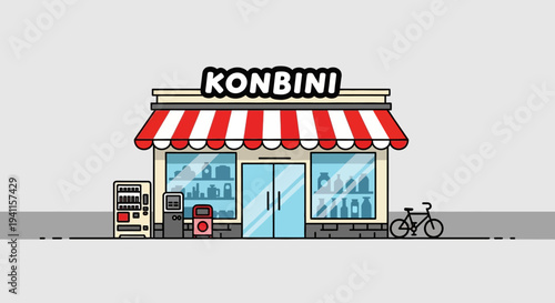 Japanese Konbini Convenience Store Exterior with Vending Machine and Bicycle