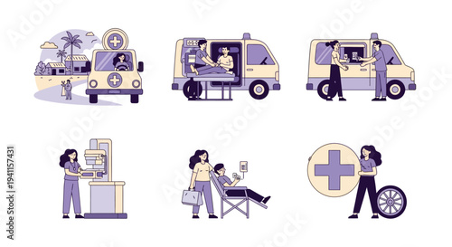 Six vector illustrations depicting mobile healthcare services and medical procedures