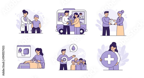 Six vignettes depicting healthcare services including vaccination lab work donation and monitoring