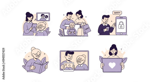 Six vignettes depicting intergenerational digital interaction safety and leisure activities