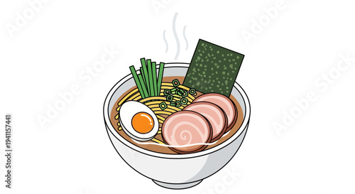 Japanese Ramen Noodle Soup with Pork, Egg, and Seaweed