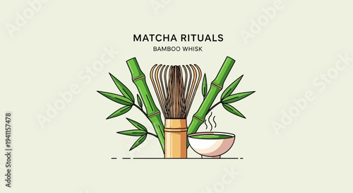 Matcha Rituals: Bamboo Whisk and Bowl with Steaming Green Tea