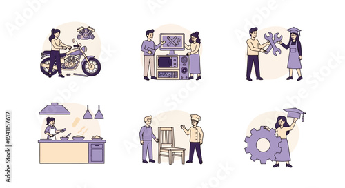Six vignettes illustrating vocational skills mechanics tech support trades cooking carpentry and engineering