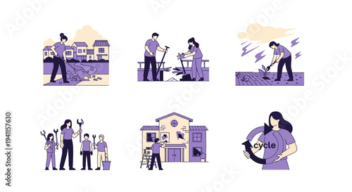 Six vignettes show community work cleaning debris farming repairs and recycling