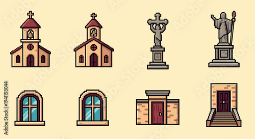 Pixel art church icons and religious statues set for design projects