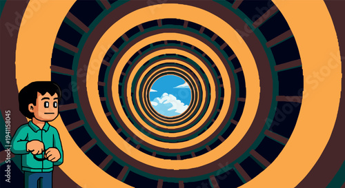 Spiral tunnel with pixel art character and cloudy sky background